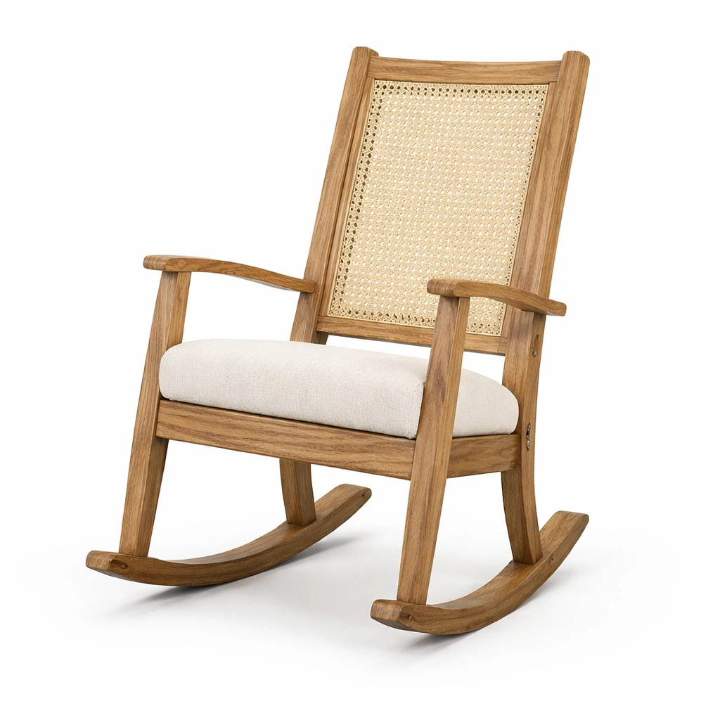 Sedia a dondolo in legno e rattan con cuscino in lino beige-Decokera