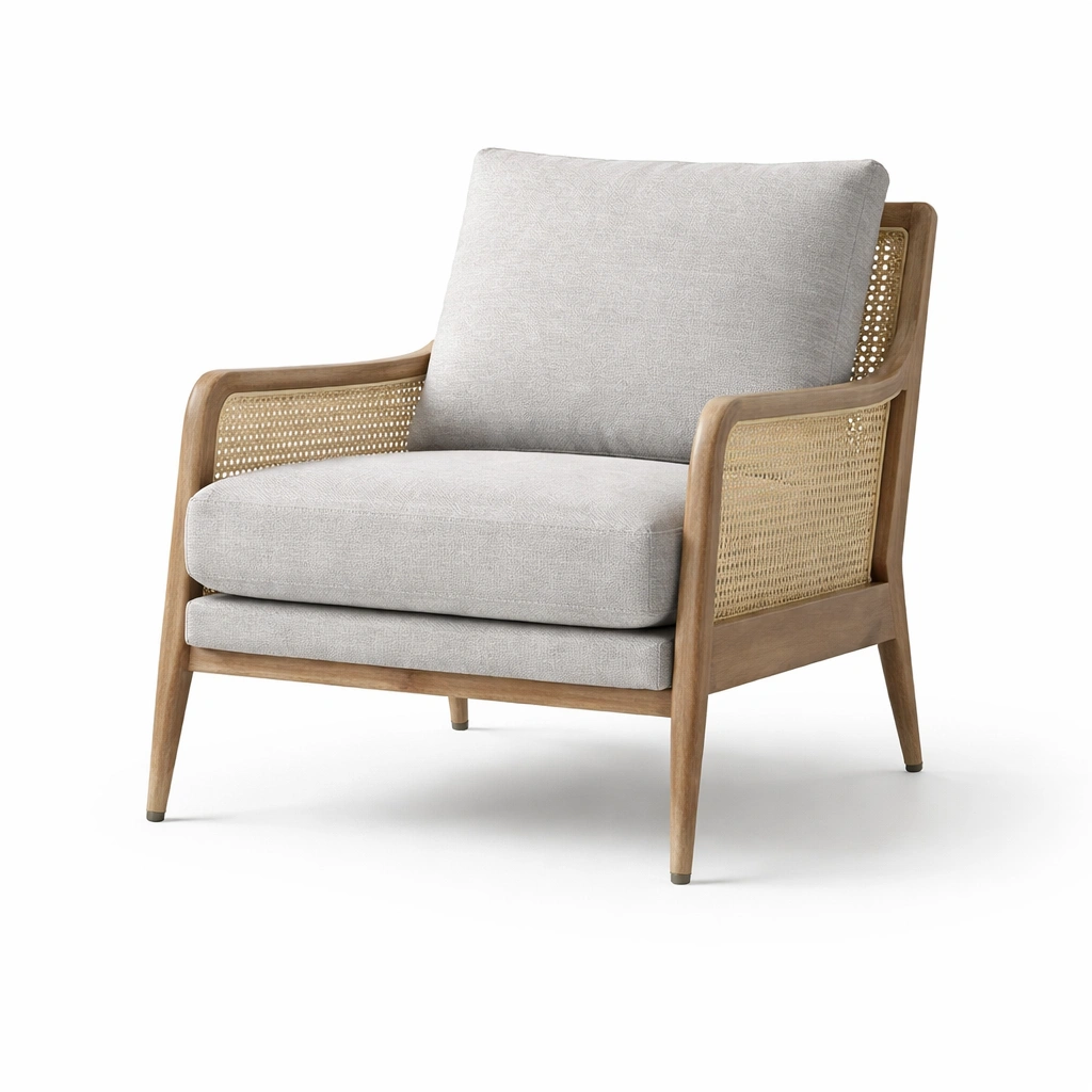 Sedia in Legno con Cuscino Grigio e Schienale in Rattan-Decokera