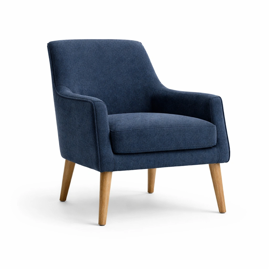 Poltrona in Tessuto Blu con Gambe in Legno di Quercia-Decokera