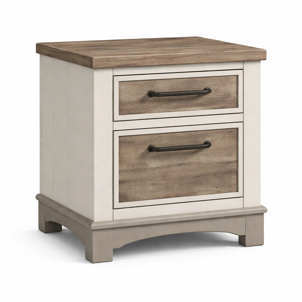 Comodino in Legno di Pino Bianco e Marrone con 2 Cassetti-Decokera