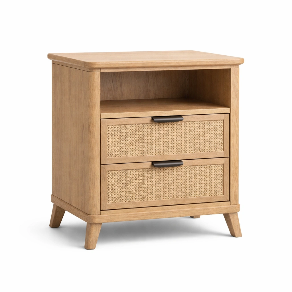 Comodino in Legno con Cassetti in Paglia-Decokera
