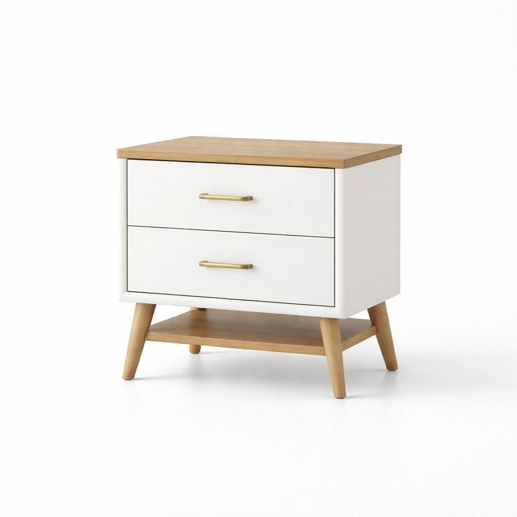 Comodino in Legno e Metallo con Due Cassetti Bianco e Rovere-Decokera