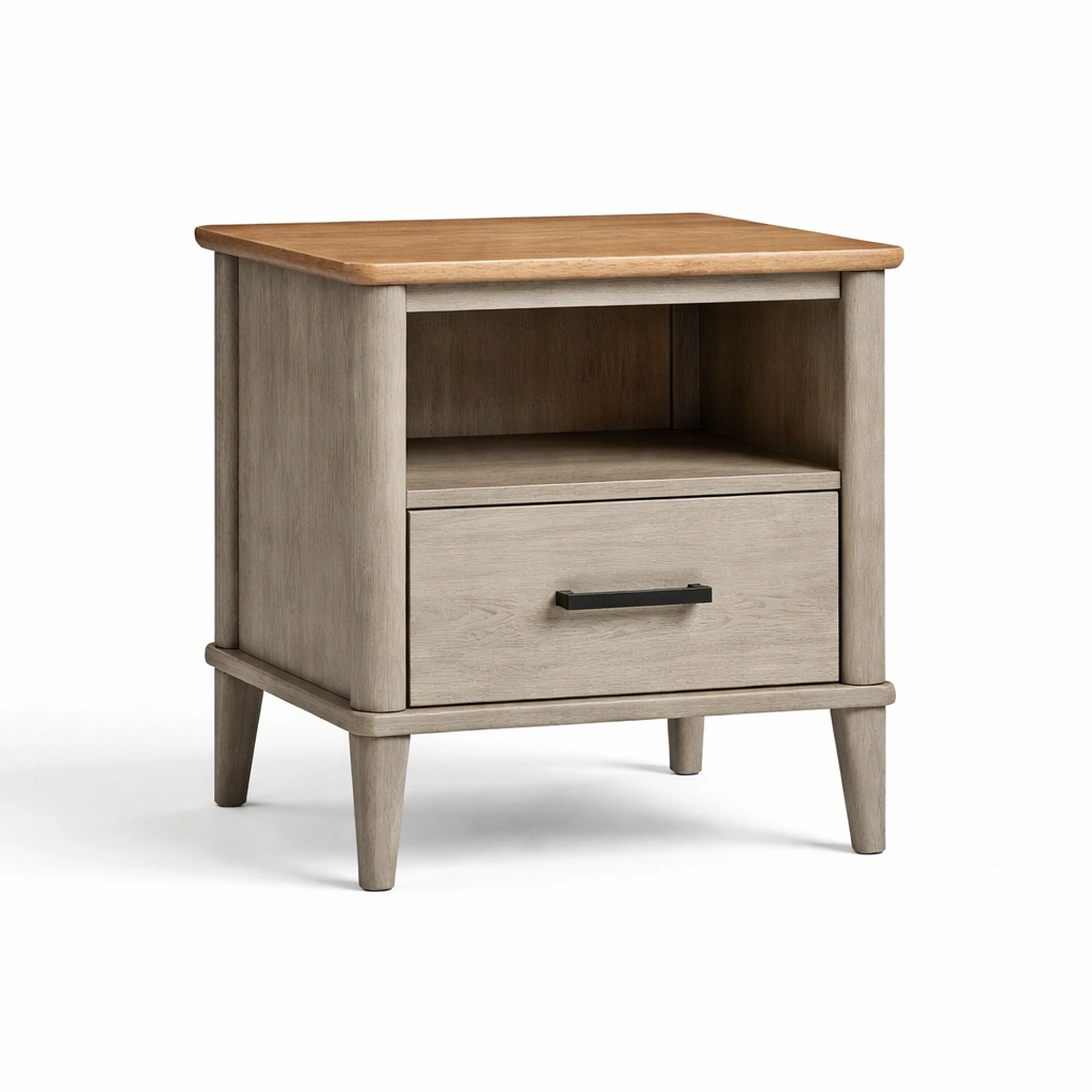 Comodino in Legno Rovere con Cassetto e Ripiano Aperto-Decokera