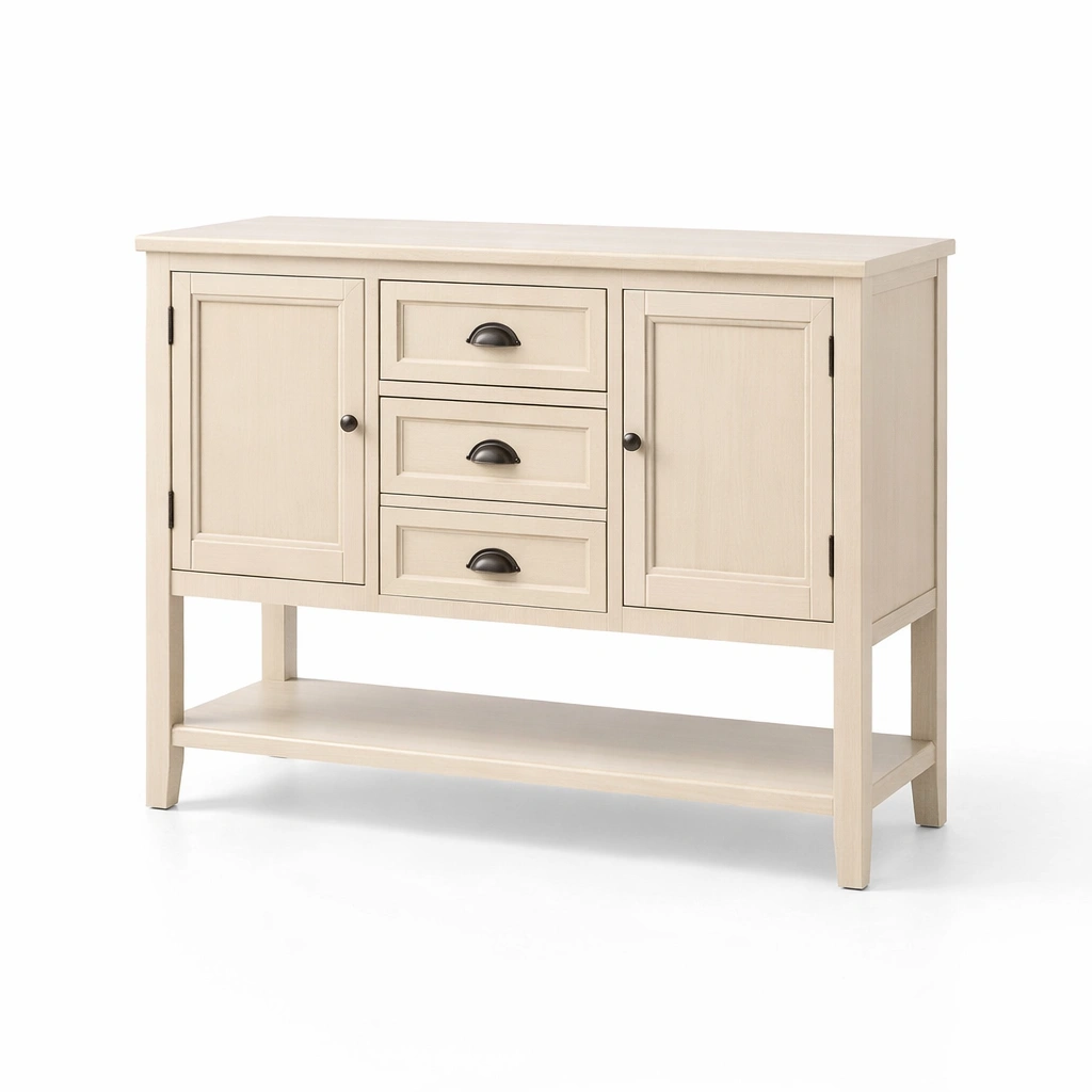 Credenza in Legno con Ante e Cassetti in Rovere Sbiancato 120x40x85 cm-Decokera