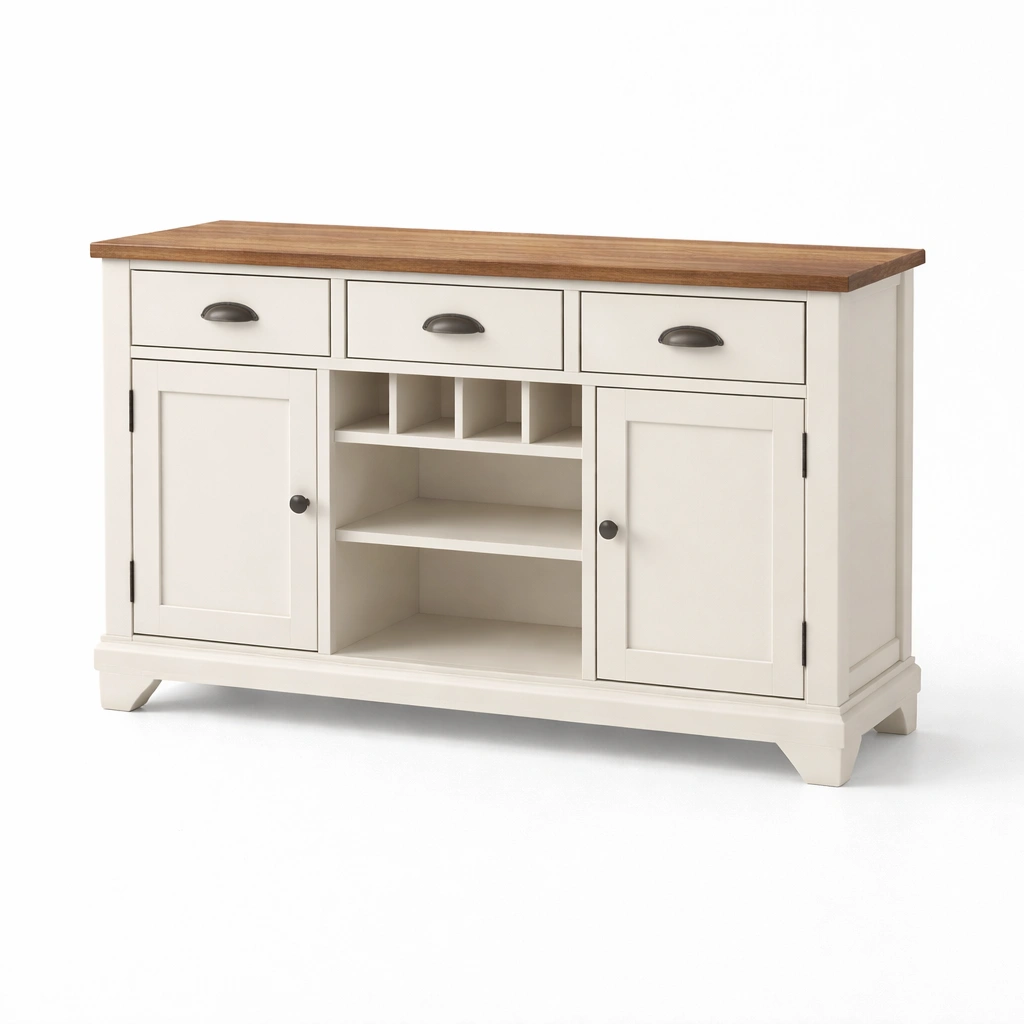 Credenza in Legno Massello con Ripiani e Cassetti, 145x45x85 cm, Bianco/Naturale-Decokera