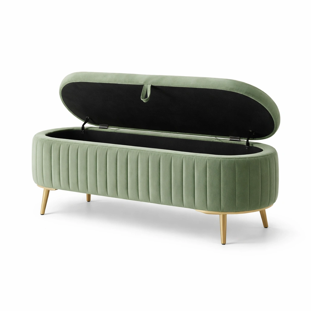 Panca Contenitore in Velluto Verde con Gambe in Legno-Decokera