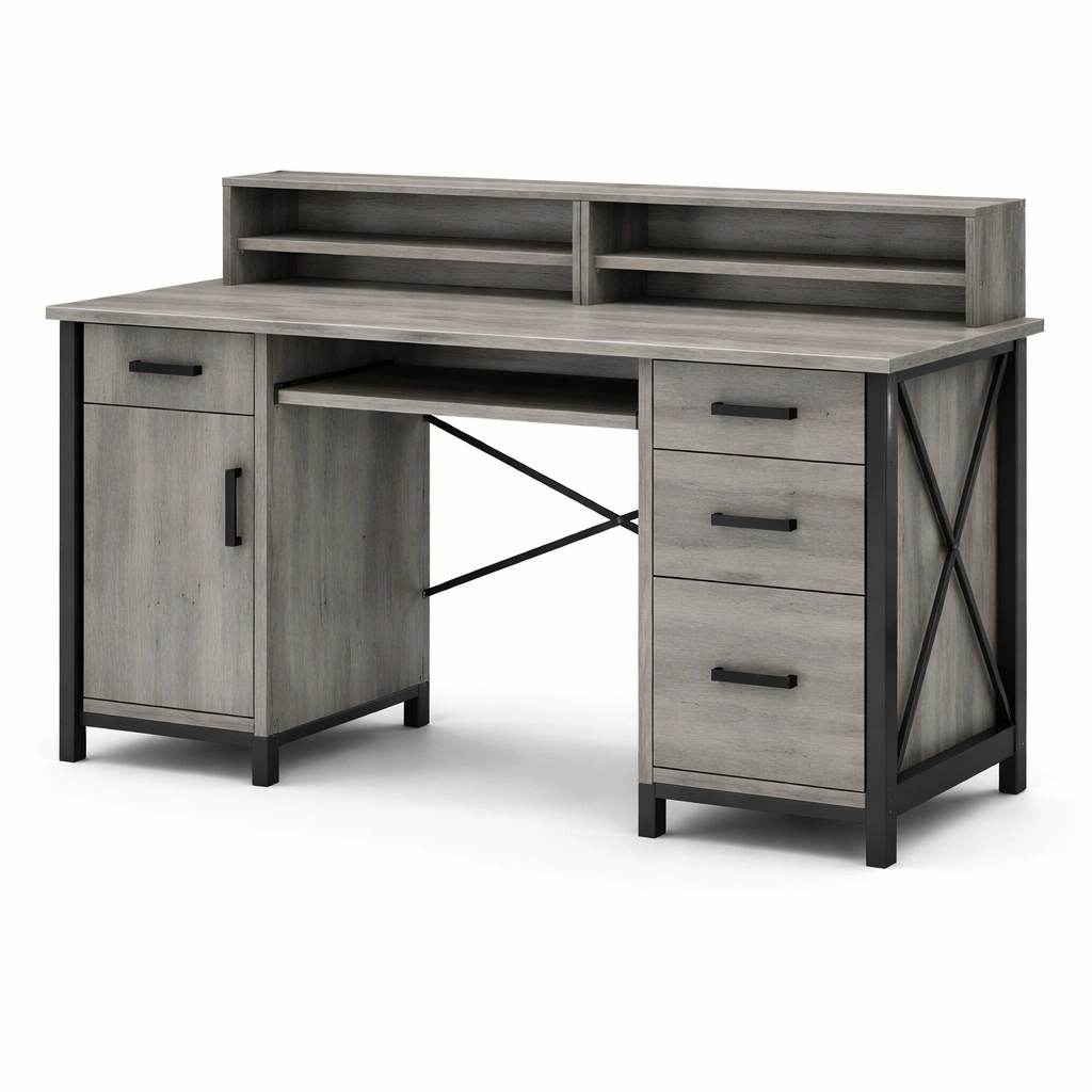Scrivania in Legno Composito e Metallo con Cassetti 152x60x102 cm Grigio-Decokera