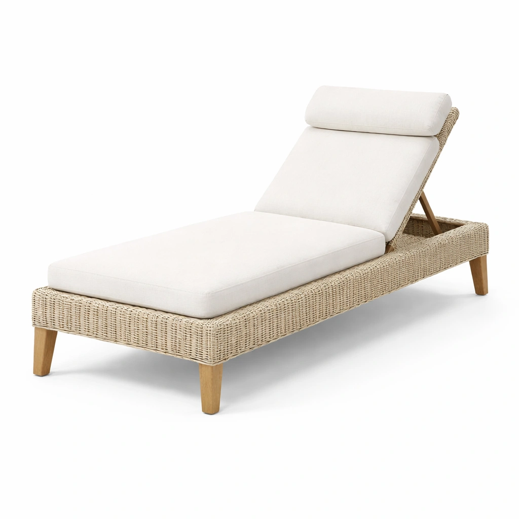 Lettino Prendisole Regolabile in Rattan con Cuscini Bianchi-Decokera