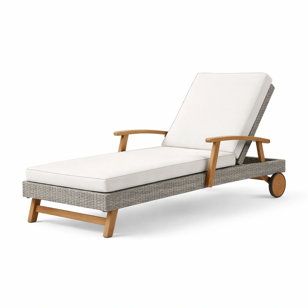 Lettino Prendisole da Esterno Rattan Grigio e Bianco con Telaio in Legno-Decokera