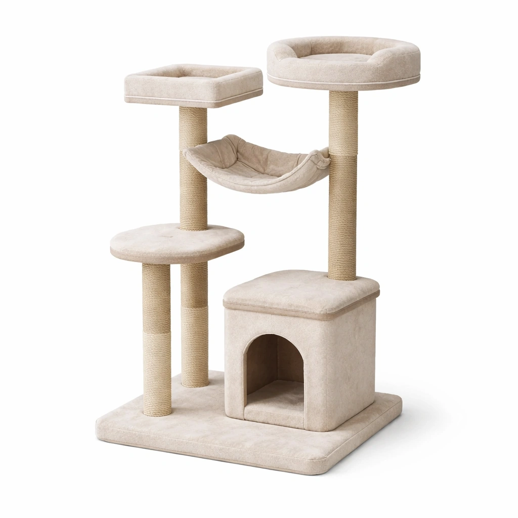 Albero Tiragraffi per Gatti in MDF e Peluche Beige-Decokera