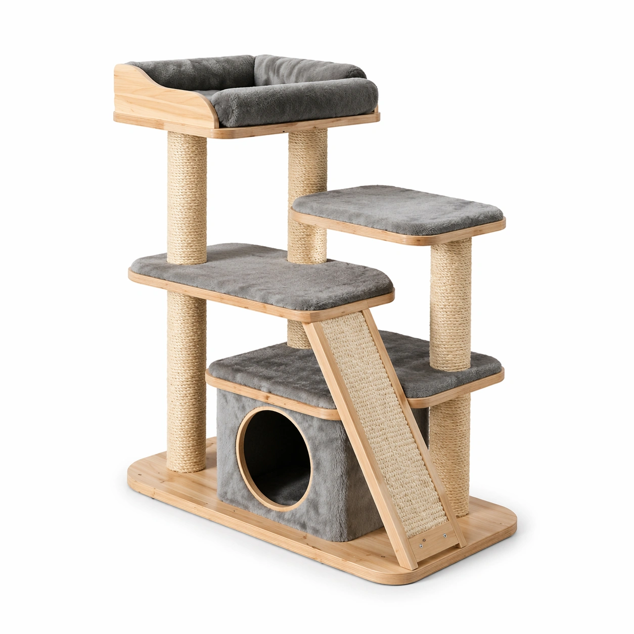 Albero Tiragraffi in Legno con Rivestimento in Peluche Grigio-Decokera