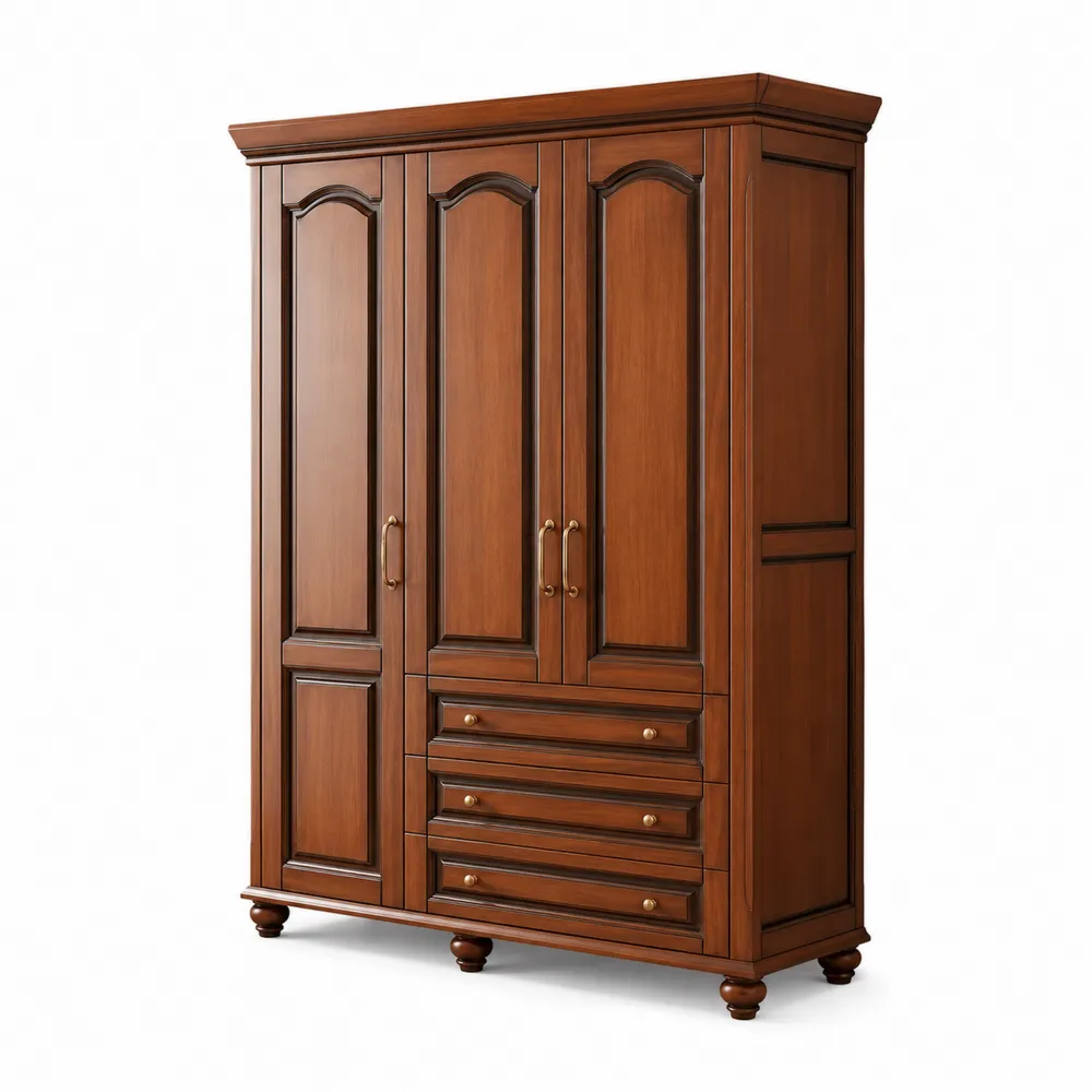 Armadio in legno massello con 3 ante e 3 cassetti, 200x120x60 cm, Marrone