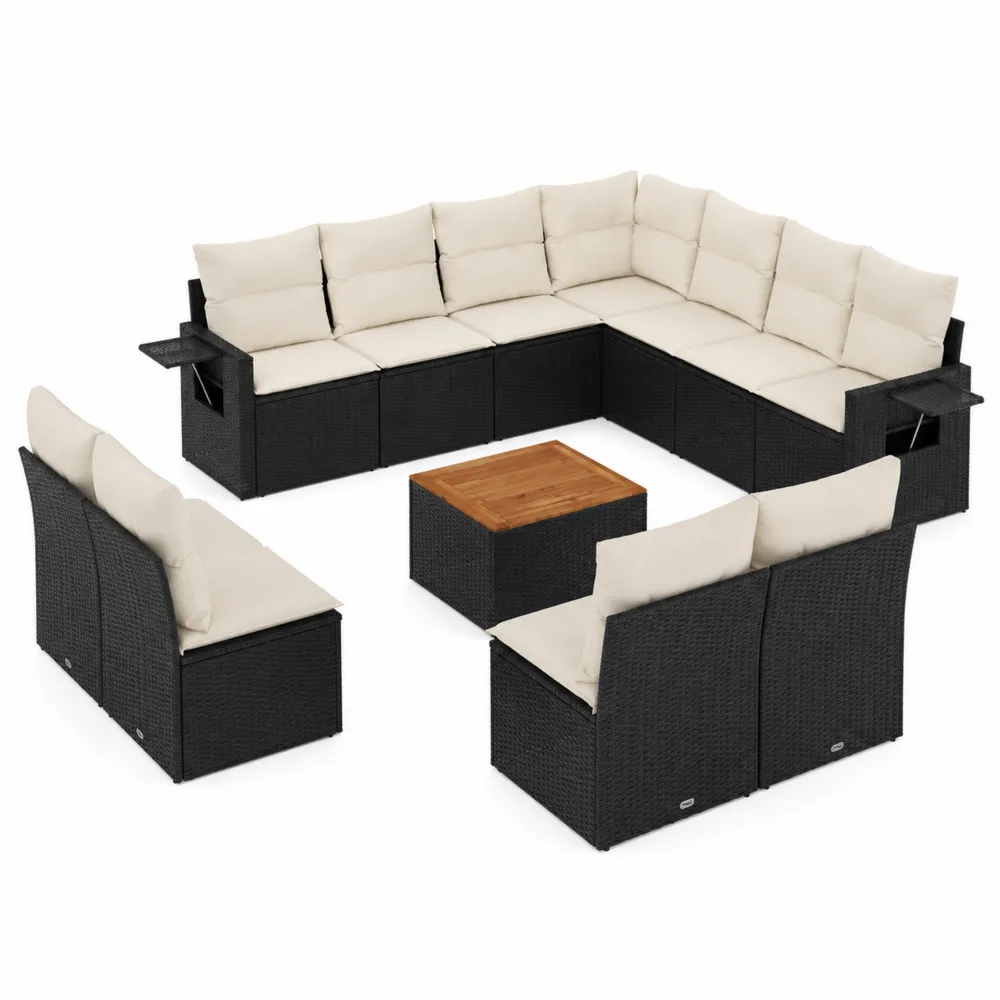 Set Divano da Giardino in Rattan Sintetico Nero con Cuscini in Poliestere Beige e Tavolino in Legno
