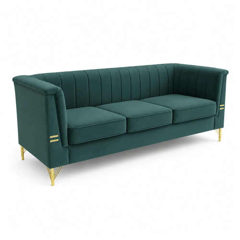 Divano in velluto verde con gambe in metallo dorato