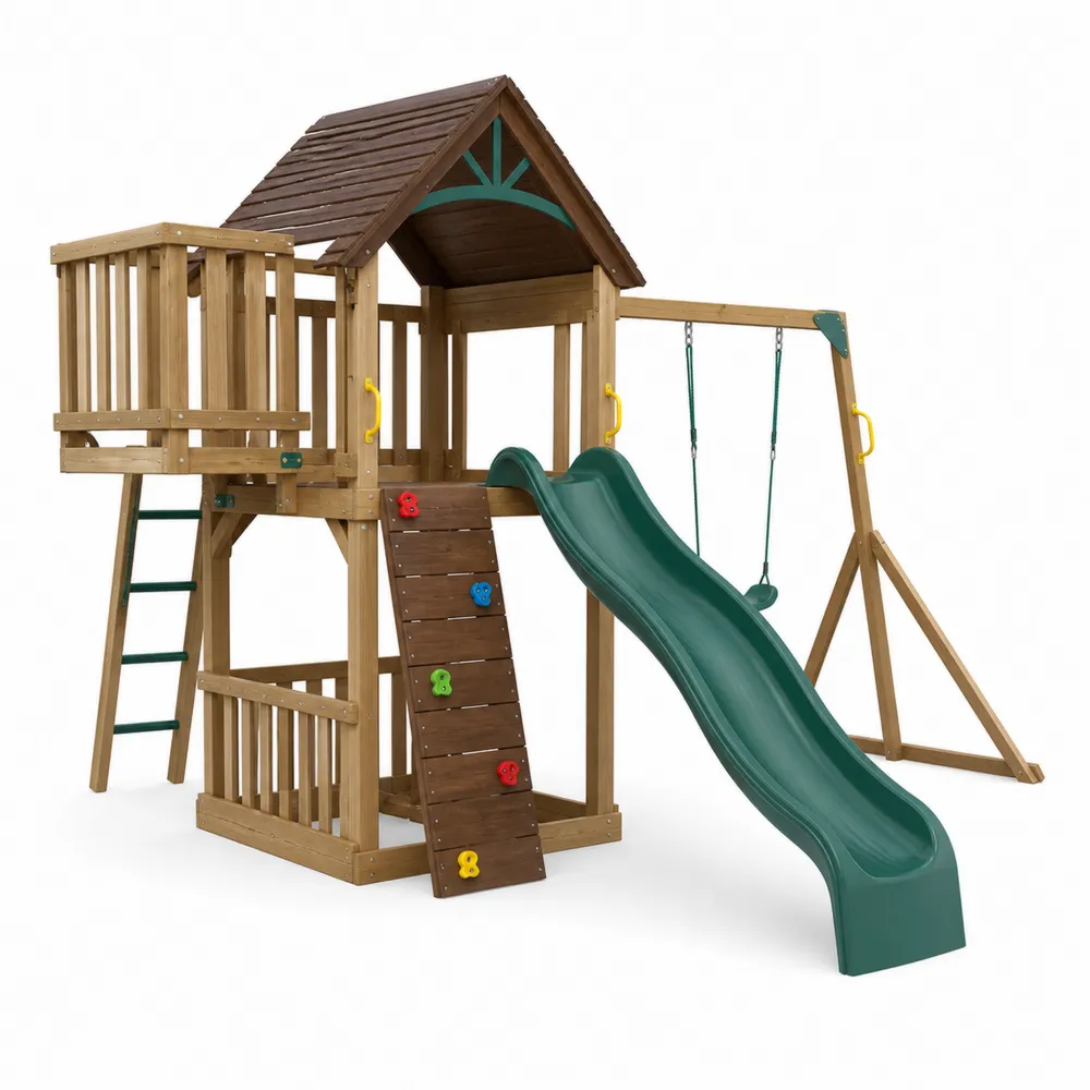 Struttura in Legno con Altalena e Scivolo in Plastica Verde