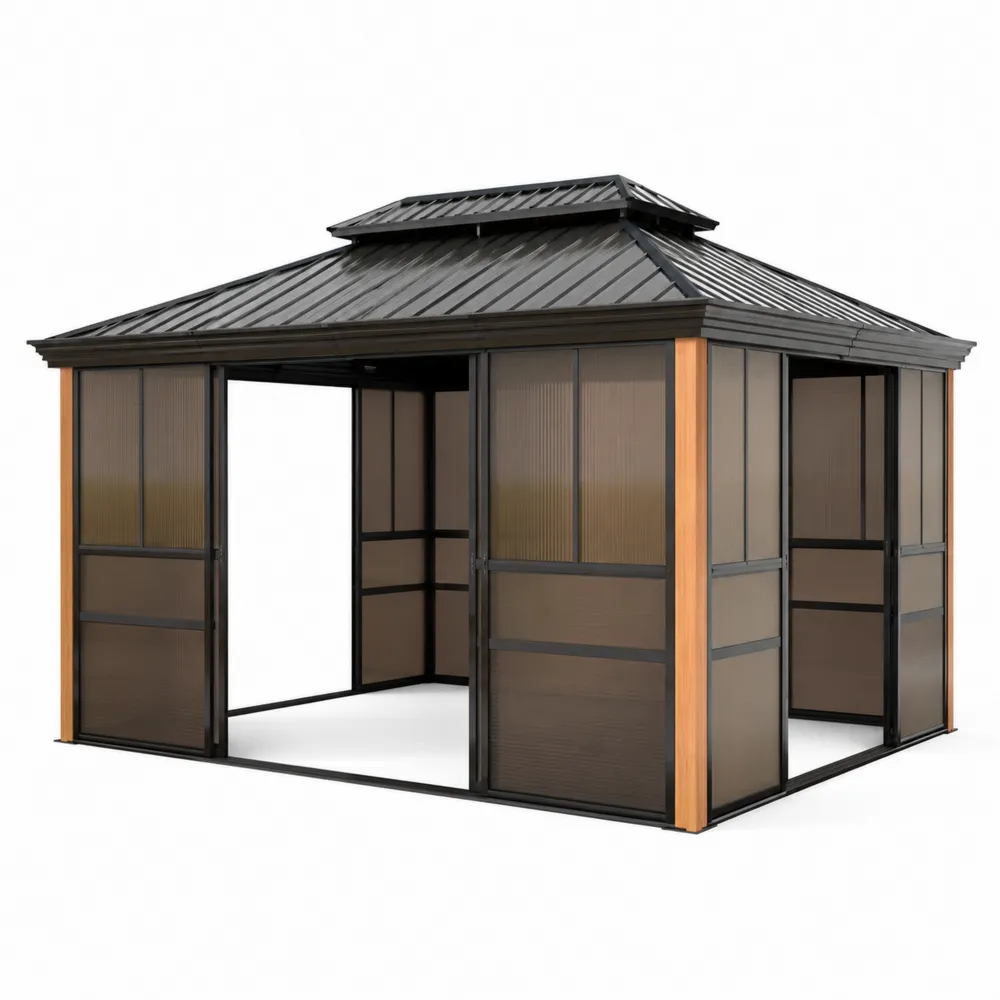 Gazebo da Giardino in Alluminio e Policarbonato Nero e Marrone
