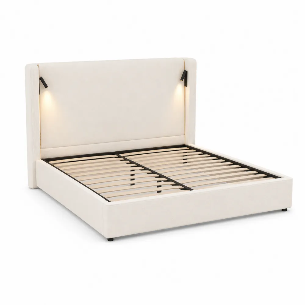 Letto matrimoniale legno con testiera imbottita LED crema 200x160 cm