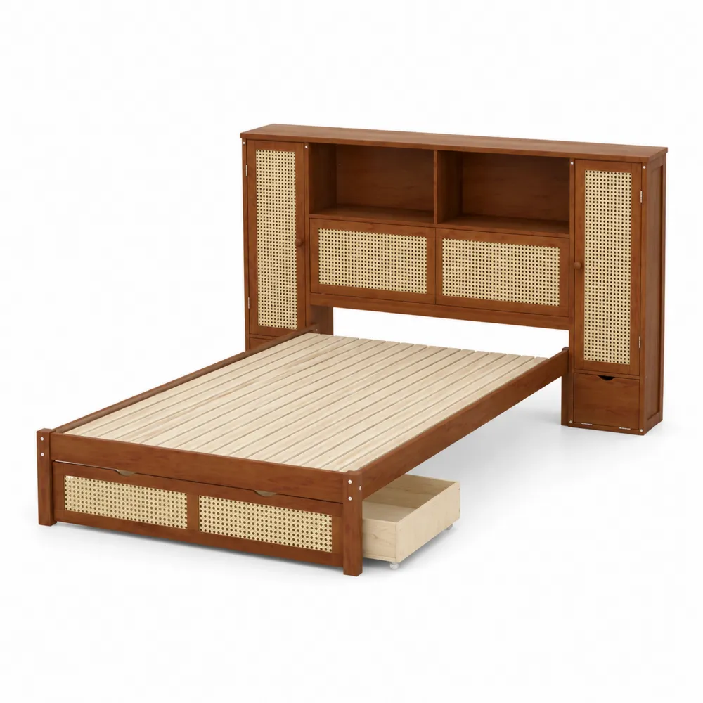 Letto in Legno con Testata in Rattan e Spazio Contenitore 200x160 cm