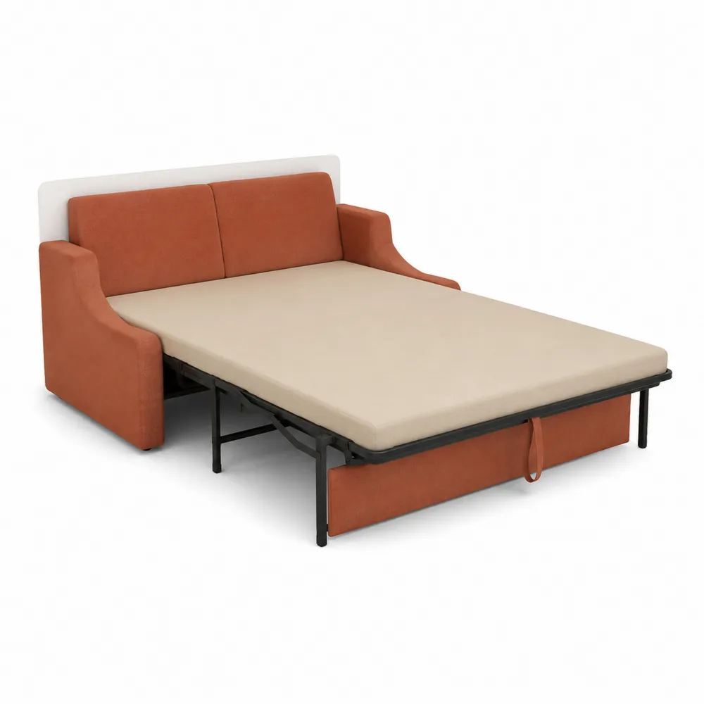 Divano Letto in Tessuto Arancione e Beige con Struttura in Metallo