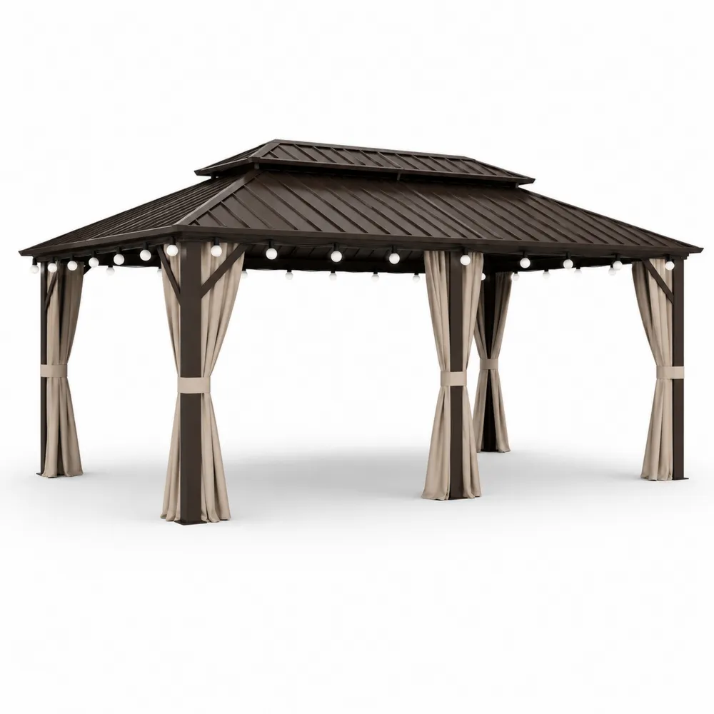 Gazebo in Alluminio con Tetto in Acciaio e Tende, 4x3m, Marrone