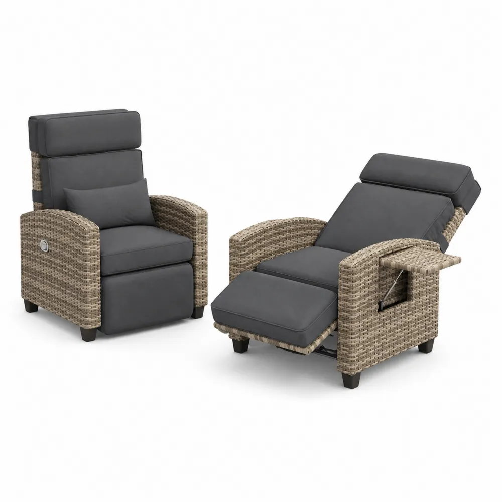 Set Poltrone Reclinabili in Rattan Sintetico e Cuscini Grigi