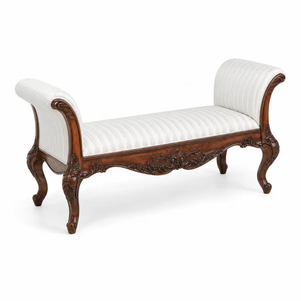 Panca in legno intagliato e tessuto bianco a righe 120 cm