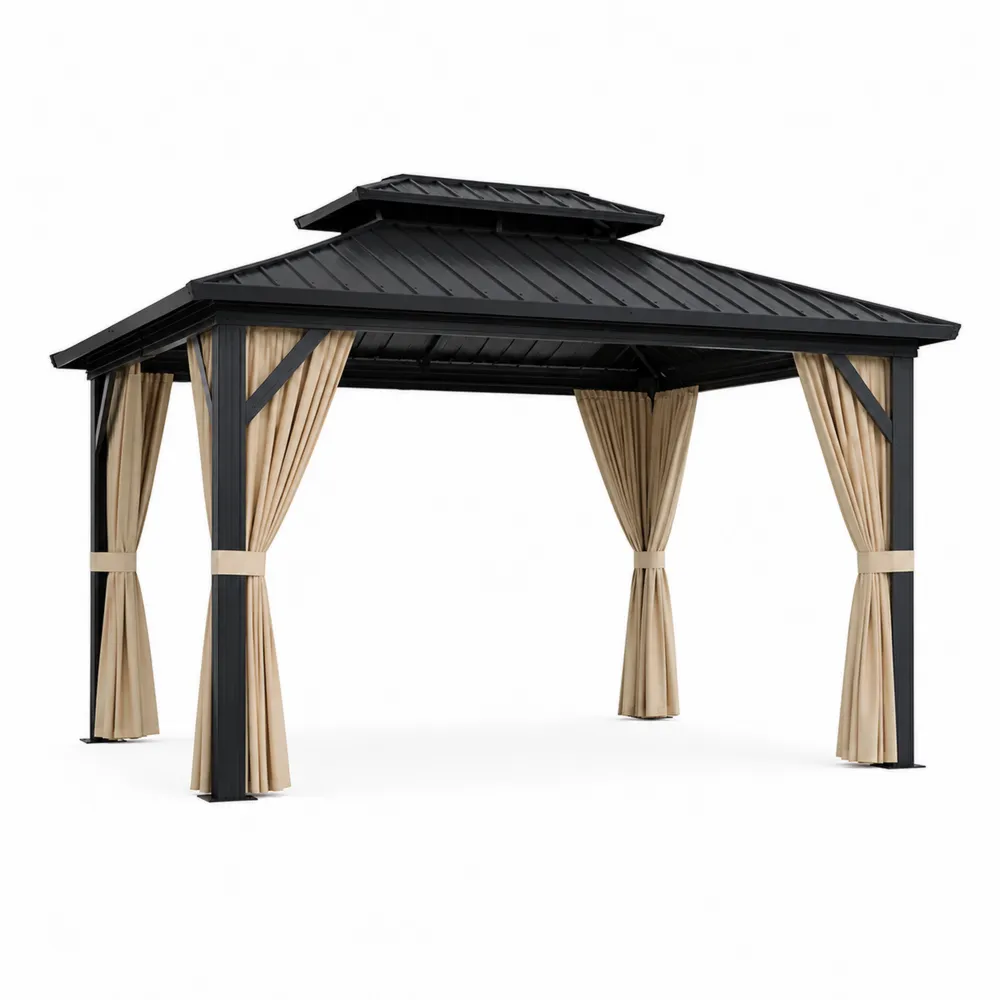 Gazebo Alluminio con Tetto Acciaio e Tende Poliestere