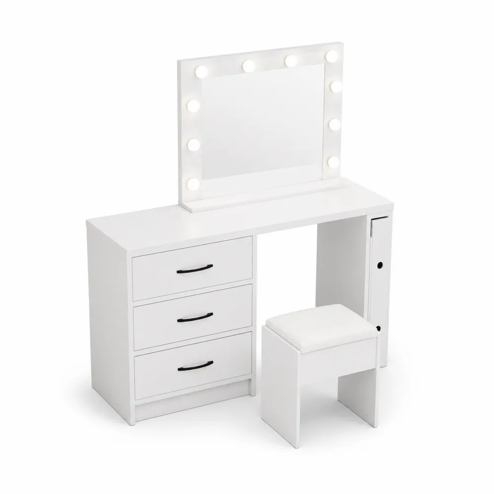 Toeletta con Specchio Imbottito e Sgabello in MDF Bianco con 3 Cassetti