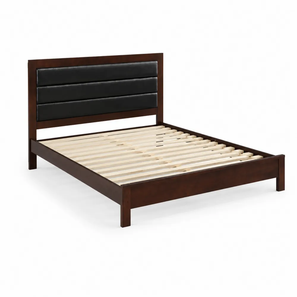Letto matrimoniale in legno con testiera in pelle, marrone e nero, 200x160x90 cm