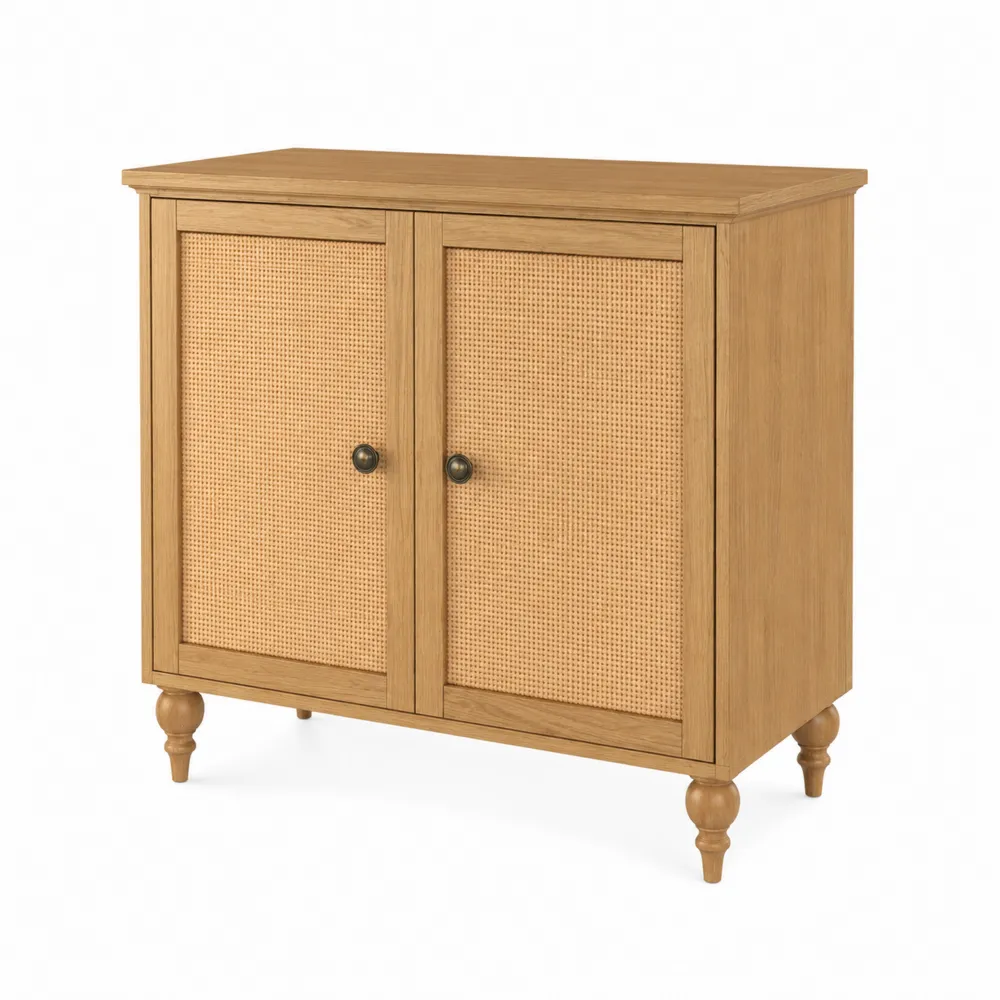 Credenza in Legno e Rattan con Ante 80x40x90cm