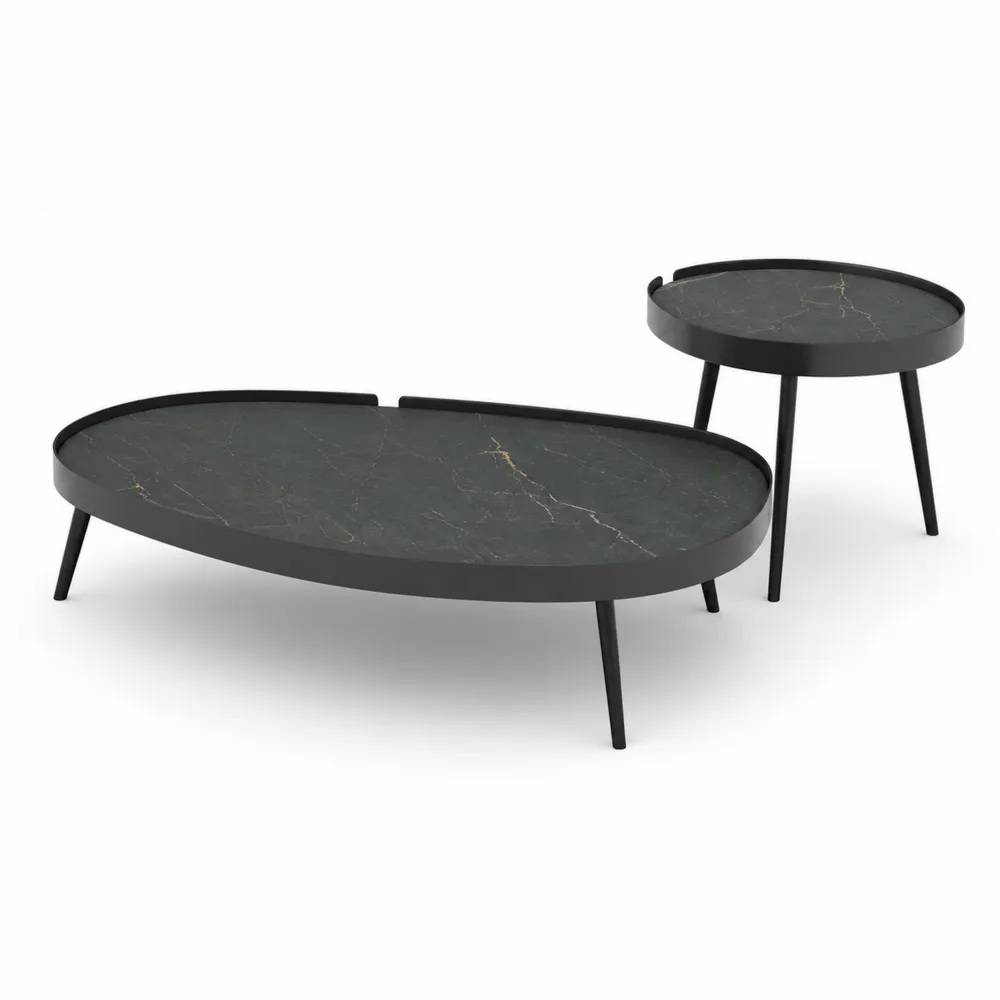 Set di Tavolini in Marmo e Metallo Nero