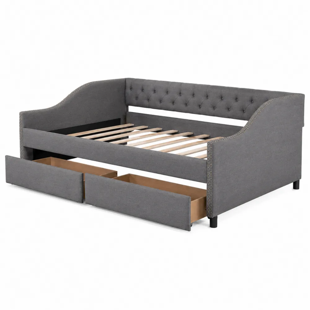 Letto Divano in Tessuto Grigio con Cassetti