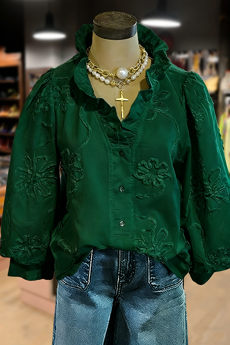 Embroidered Flower Ruffle Neck Puff Sleeve Top(BUY 2 FREE SHIPPING)