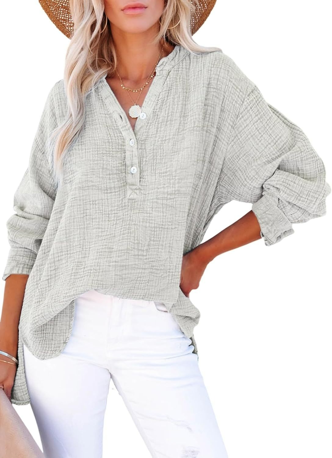 Womens Casual Gauze Muslin Button Neck Long Sleeve Oversized Blouses Tops(BUY 2 FREE SHIPPING)