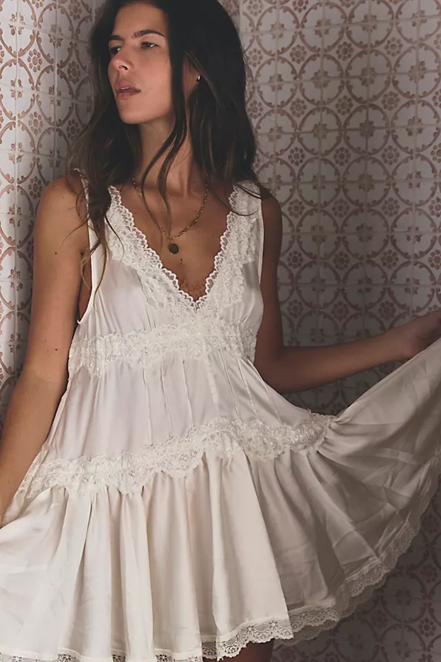 Women’s Tiered Ruffled Satin Lace Slip Mini Dress, Chic Comfortable Home & Daily Casual Dress