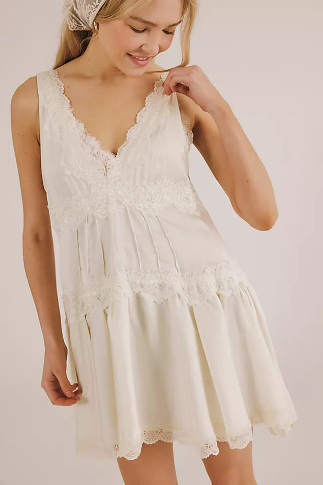Women’s Tiered Ruffled Satin Lace Slip Mini Dress, Chic Comfortable Home & Daily Casual Dress