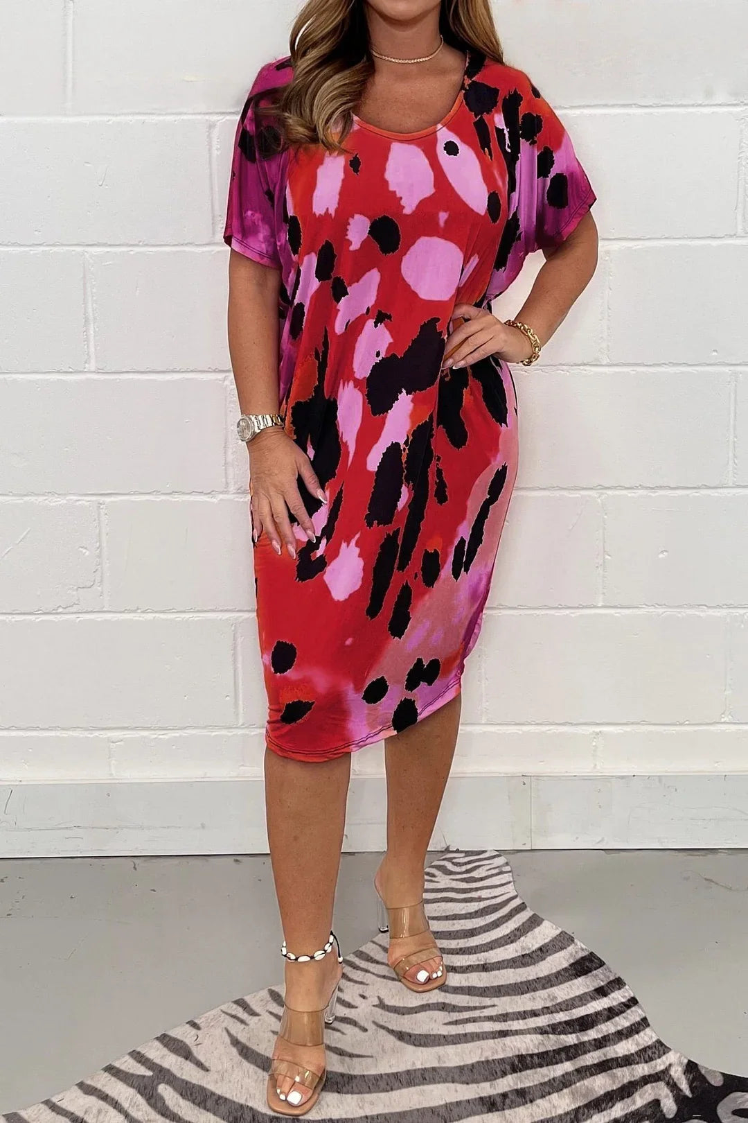Women's printed round-neck multi-colored dress（buy 2 free shipping）