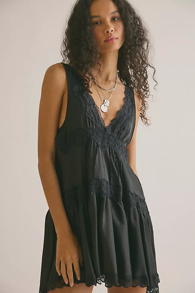 Women’s Tiered Ruffled Satin Lace Slip Mini Dress, Chic Comfortable Home & Daily Casual Dress