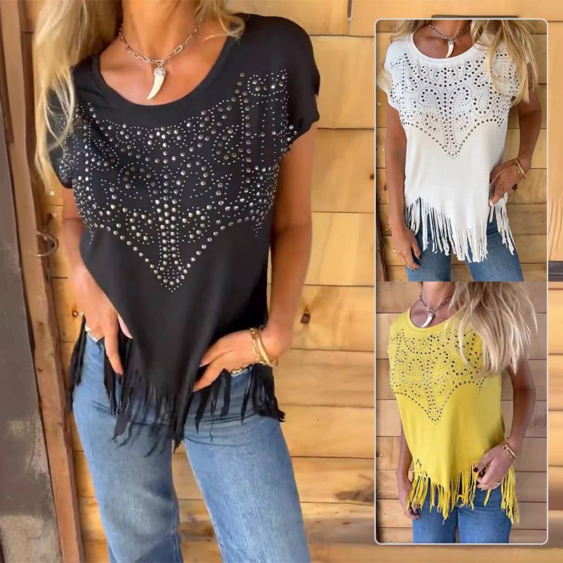Women's Solid Colour Short Sleeve T-shirt With Hot Print And Frayed Hem（BUY 2 FREE SHIPPING)