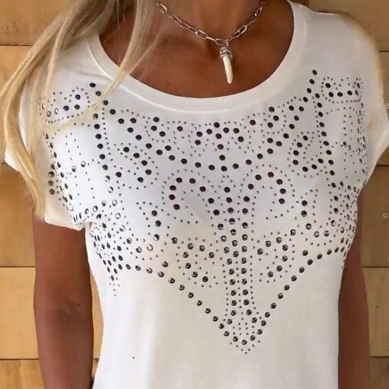 Women's Solid Colour Short Sleeve T-shirt With Hot Print And Frayed Hem（BUY 2 FREE SHIPPING)