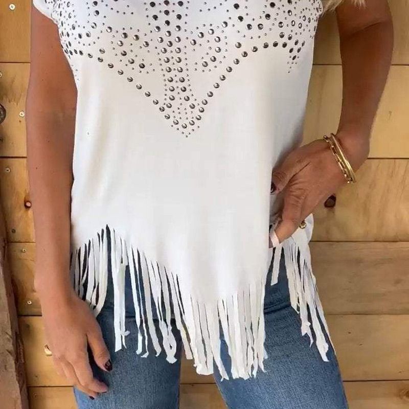 Women's Solid Colour Short Sleeve T-shirt With Hot Print And Frayed Hem（BUY 2 FREE SHIPPING)