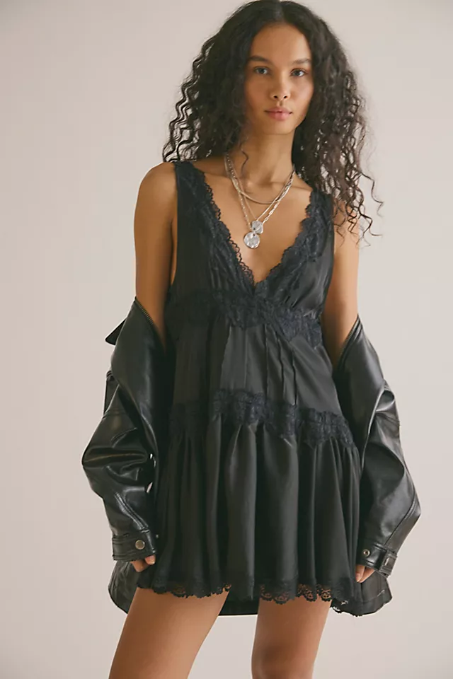Women’s Tiered Ruffled Satin Lace Slip Mini Dress, Chic Comfortable Home & Daily Casual Dress