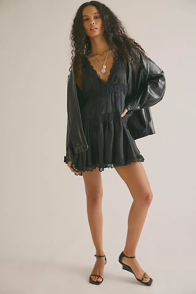 Women’s Tiered Ruffled Satin Lace Slip Mini Dress, Chic Comfortable Home & Daily Casual Dress