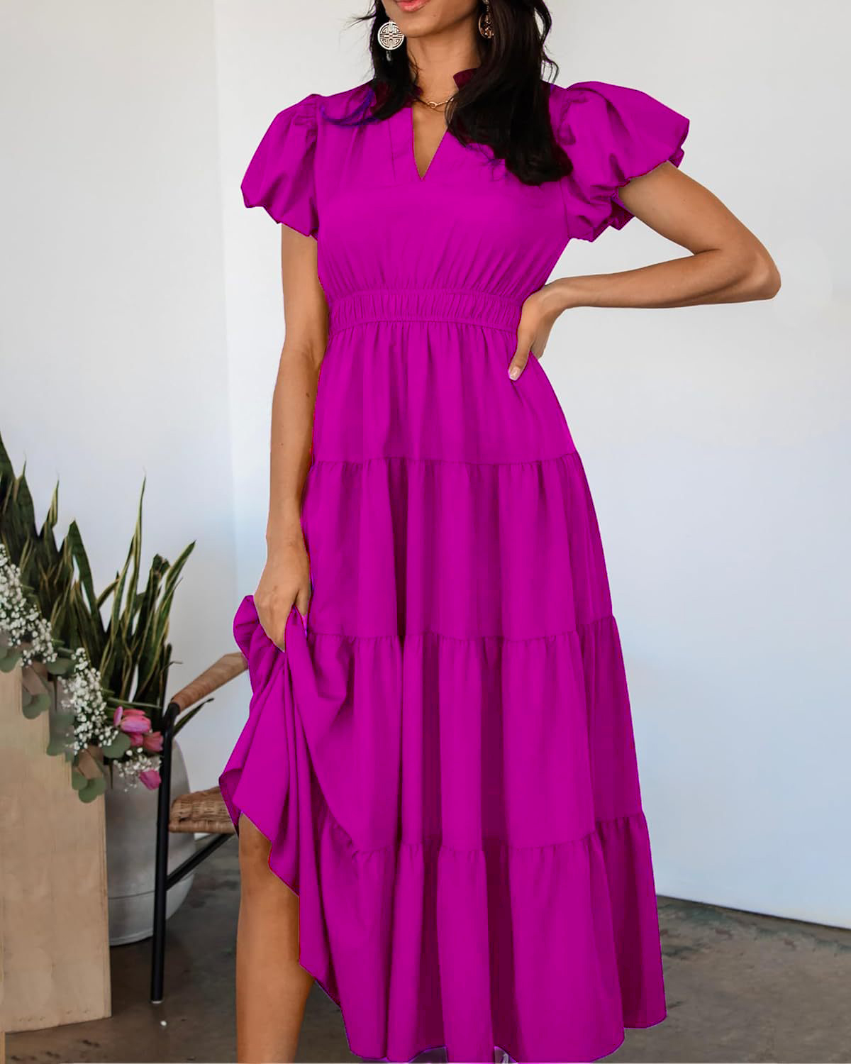 Tiered Dress with Puff Sleeves and Cinched Waist