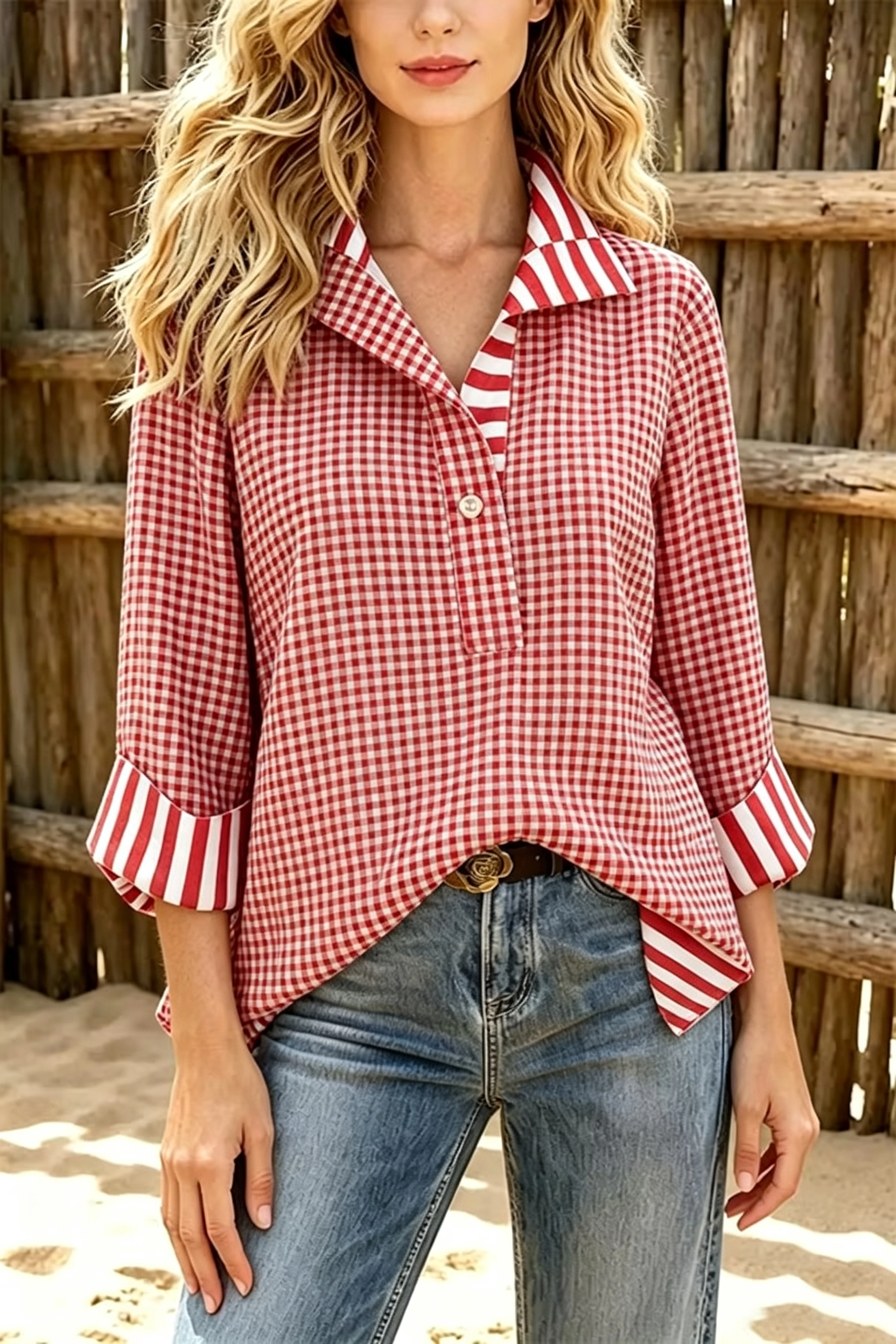 Red Gingham Striped Contrast Collar Cuff Henley Blouse, Casual 3/4 Sleeve V‑Neck Pullover Shirt for Wom