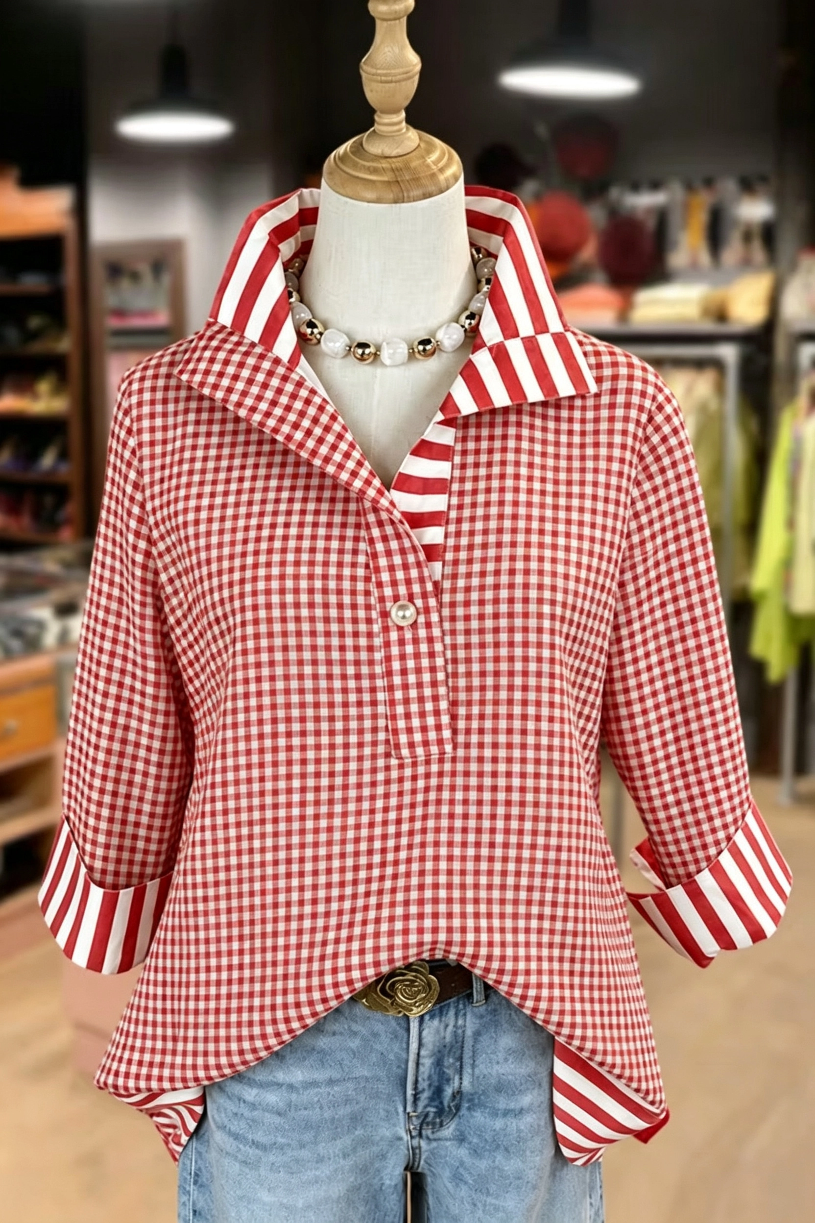 Red Gingham Striped Contrast Collar Cuff Henley Blouse, Casual 3/4 Sleeve V‑Neck Pullover Shirt for Wom