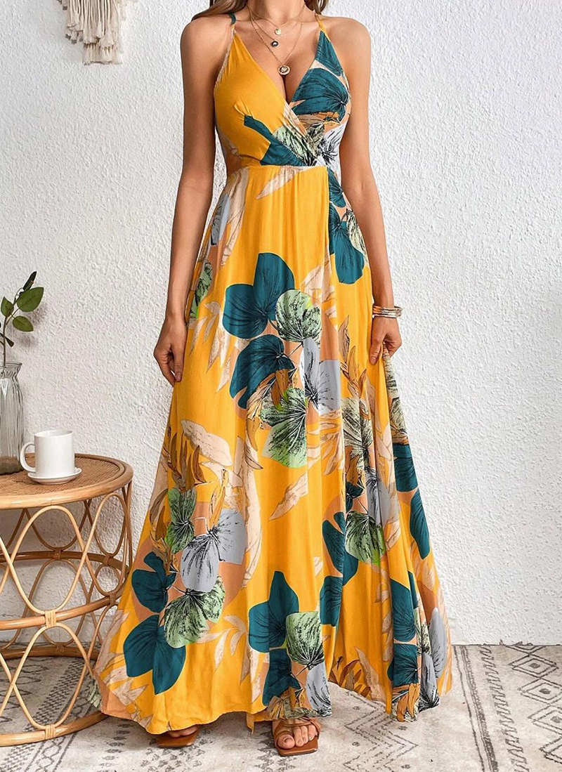 Tropical Print Drawstring Split Thigh Backless Halter Dress（BUY 2 FREE SHIPPING)