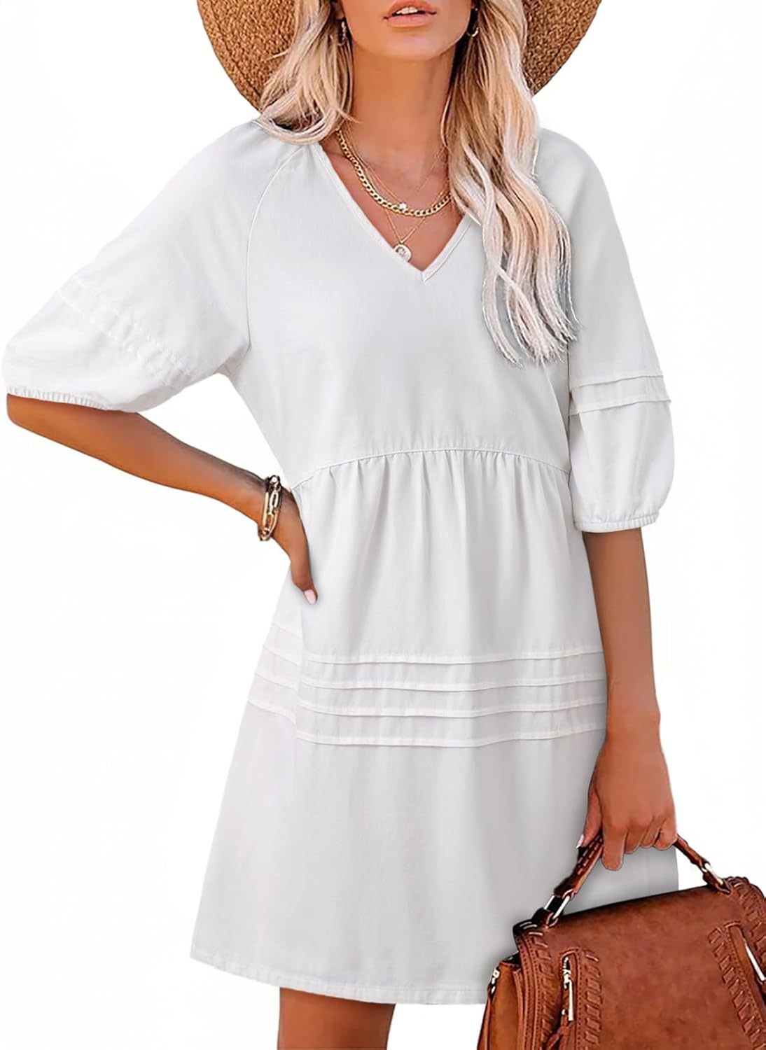 Women Casual V Neck Puff Short Sleeve Denim Dress(BUY A FREE SHIPPING)