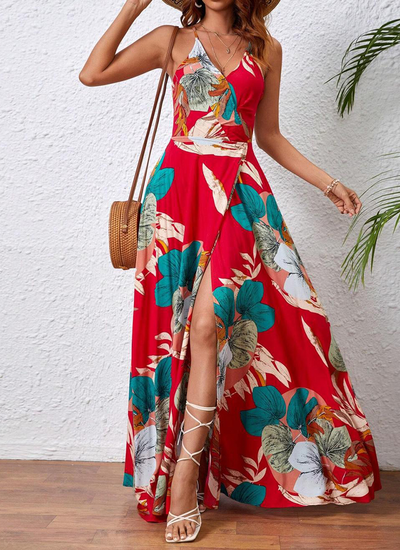 Tropical Print Drawstring Split Thigh Backless Halter Dress（BUY 2 FREE SHIPPING)