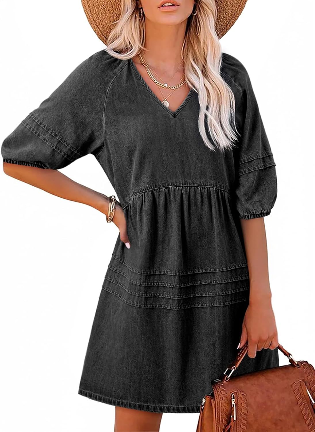 Women Casual V Neck Puff Short Sleeve Denim Dress(BUY A FREE SHIPPING)